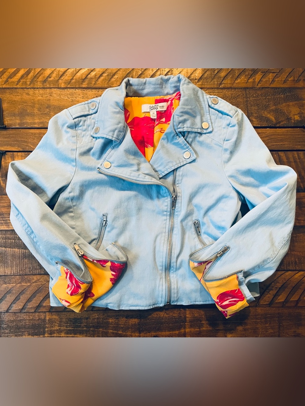 Light Blue Moto Jacket with Bright Floral Lining